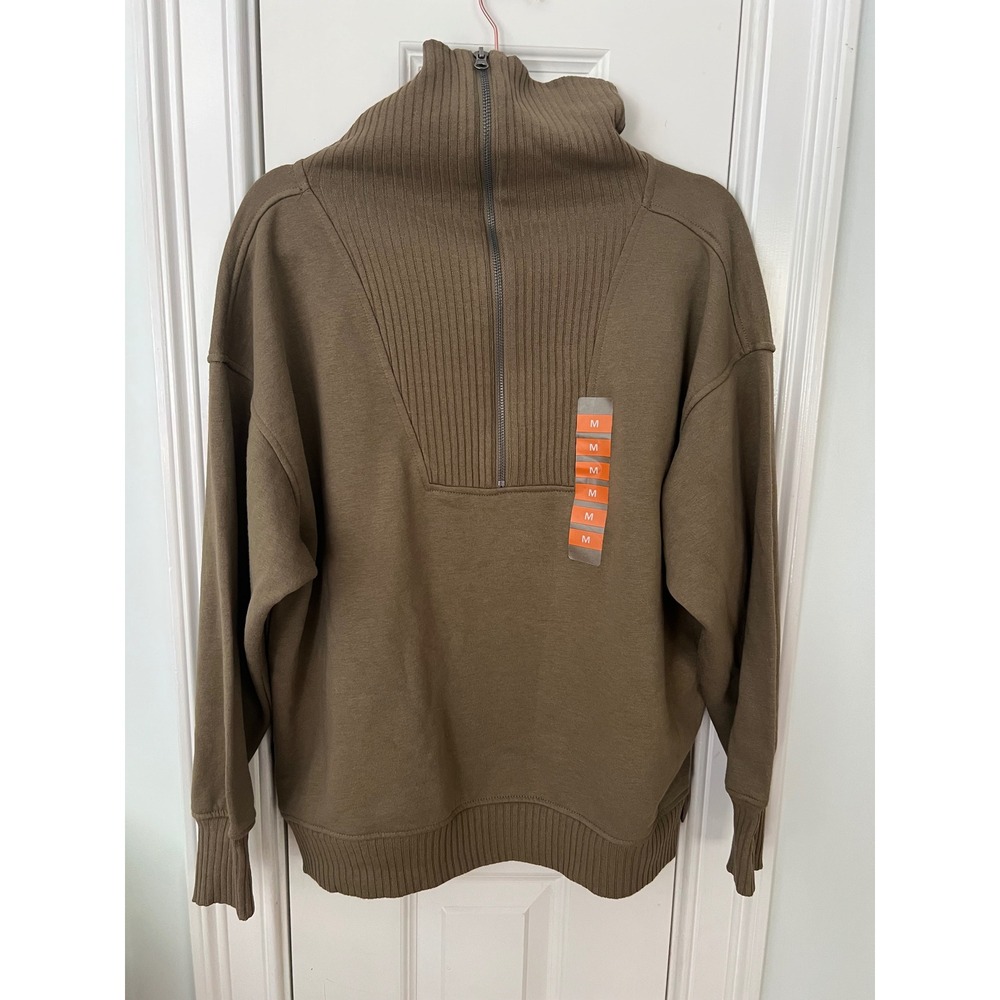 Berkley Jensen Women Ribbed Quarter Zip Pullover Sweatshirt Brown Olive Medium
